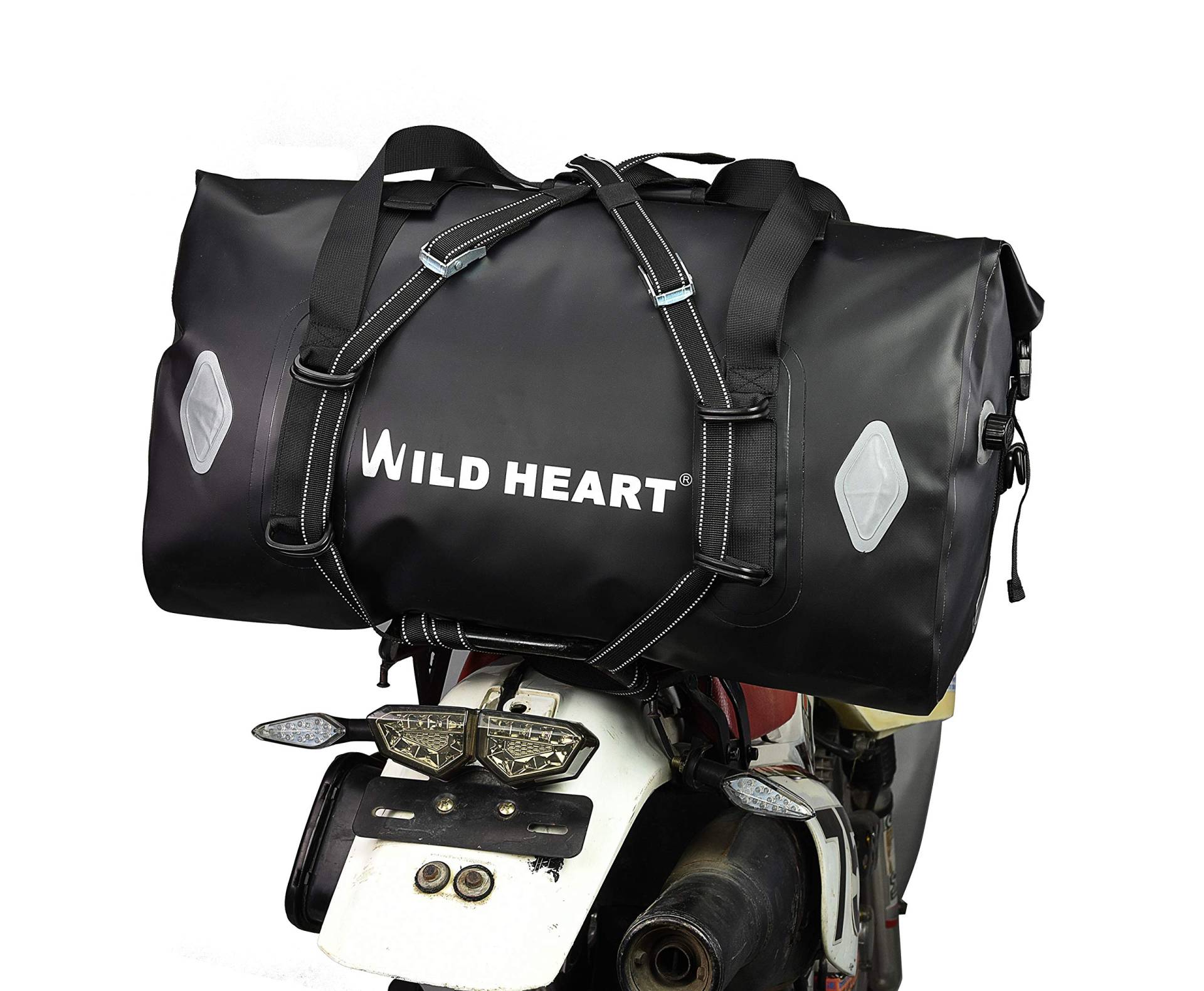 WILD HEART 55L 66L 77L Motorradtasche Reisetasche für Reisen, Motorradfahren, Radfahren, Wandern, Camping (66L schwarz) von WILD HEART