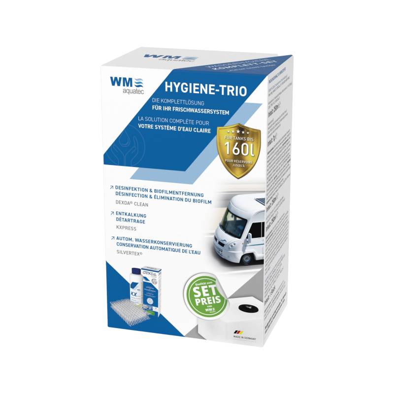 Hygiene-Trio HGT-120 | Wasserhygiene Komplett-Set für Tanks bis 160L | Reinigung, Entkalkung, Desinfektion & autom. Wasserkonservierung | für Caravan, Wohnmobil & Boot | Made in Germany von WM aquatec