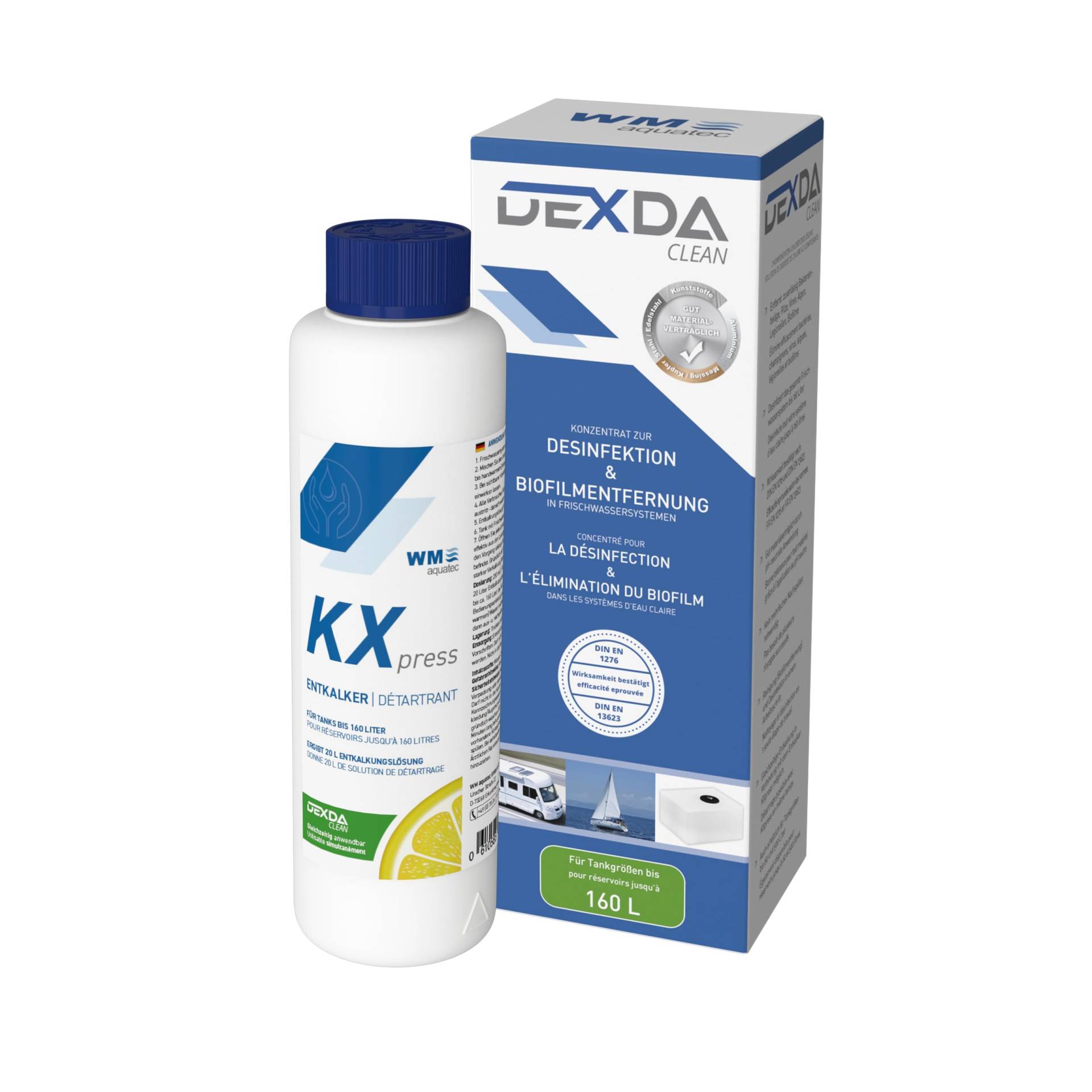 WM aquatec – Desinfektion & Entkalkung Set für Frischwassersysteme in Wohnmobilen, Caravans & Booten – DEXDA® Clean Desinfektionsreiniger + KXpress Entkalker für Tanks bis 160 L – Made in Germany von WM aquatec