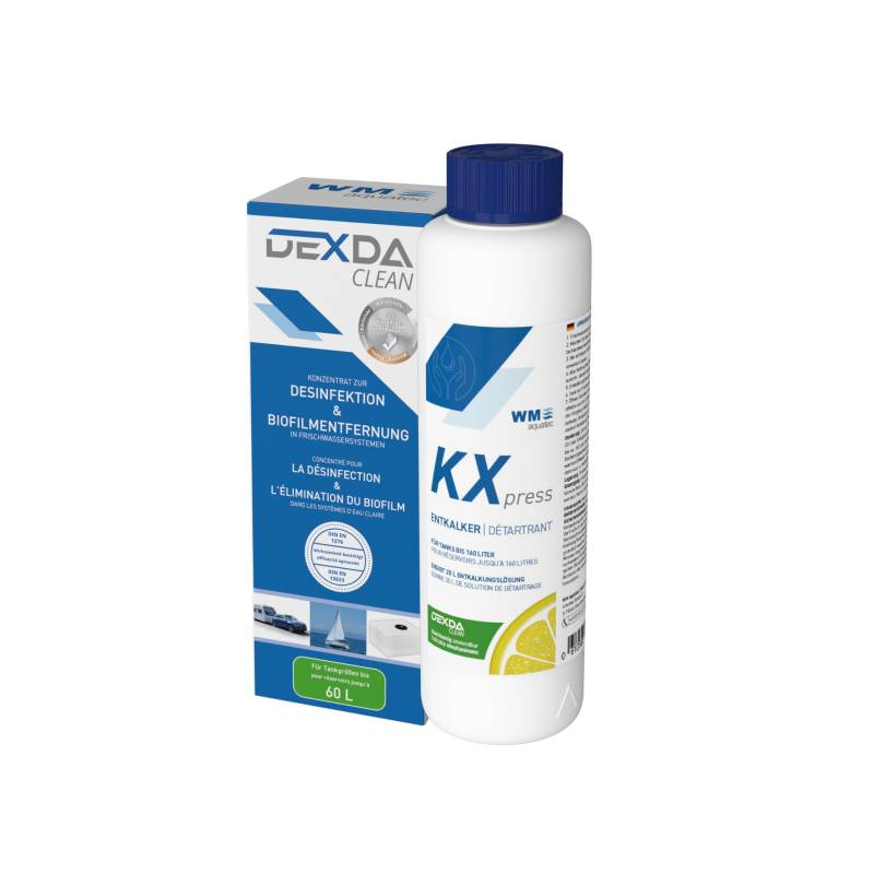 WM aquatec – Desinfektion & Entkalkung Set für Frischwassersysteme in Wohnmobilen, Caravans & Booten – DEXDA® Clean Desinfektionsreiniger + KXpress Entkalker für Tanks bis 160 L – Made in Germany von WM aquatec
