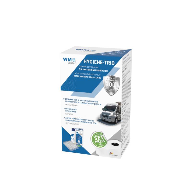 WM aquatec Hygiene-Trio HGT-80 | Wasserhygiene Komplett-Set für Tanks bis 100L | Reinigung, Entkalkung, Desinfektion & autom. Wasserkonservierung | für Caravan, Wohnmobil & Boot | Made in Germany von WM aquatec