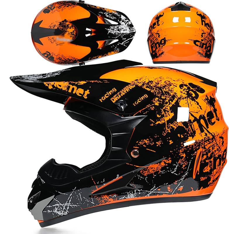 Motocross Helm Set Für Kinder Und Erwachsene Mit Brille Handschuhen Und Maske, Vollgesichtshelm Für Offroad Motorrad ATV MTB Jungen Mädchen Herren Damen,Orange-XXL von WMDMJT