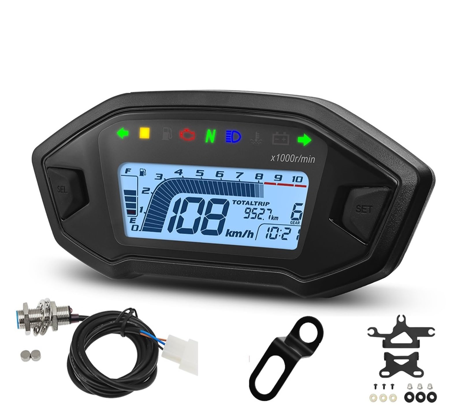 Motorrad Tachometer Universal Für 1,2,4 Zylinder 10000RPM Motorrad Display -Computer-geschwindigkeitsmesser-grüne Tachometer Mit Digital Sensor Dashboard Gauge von WMGYESNXL