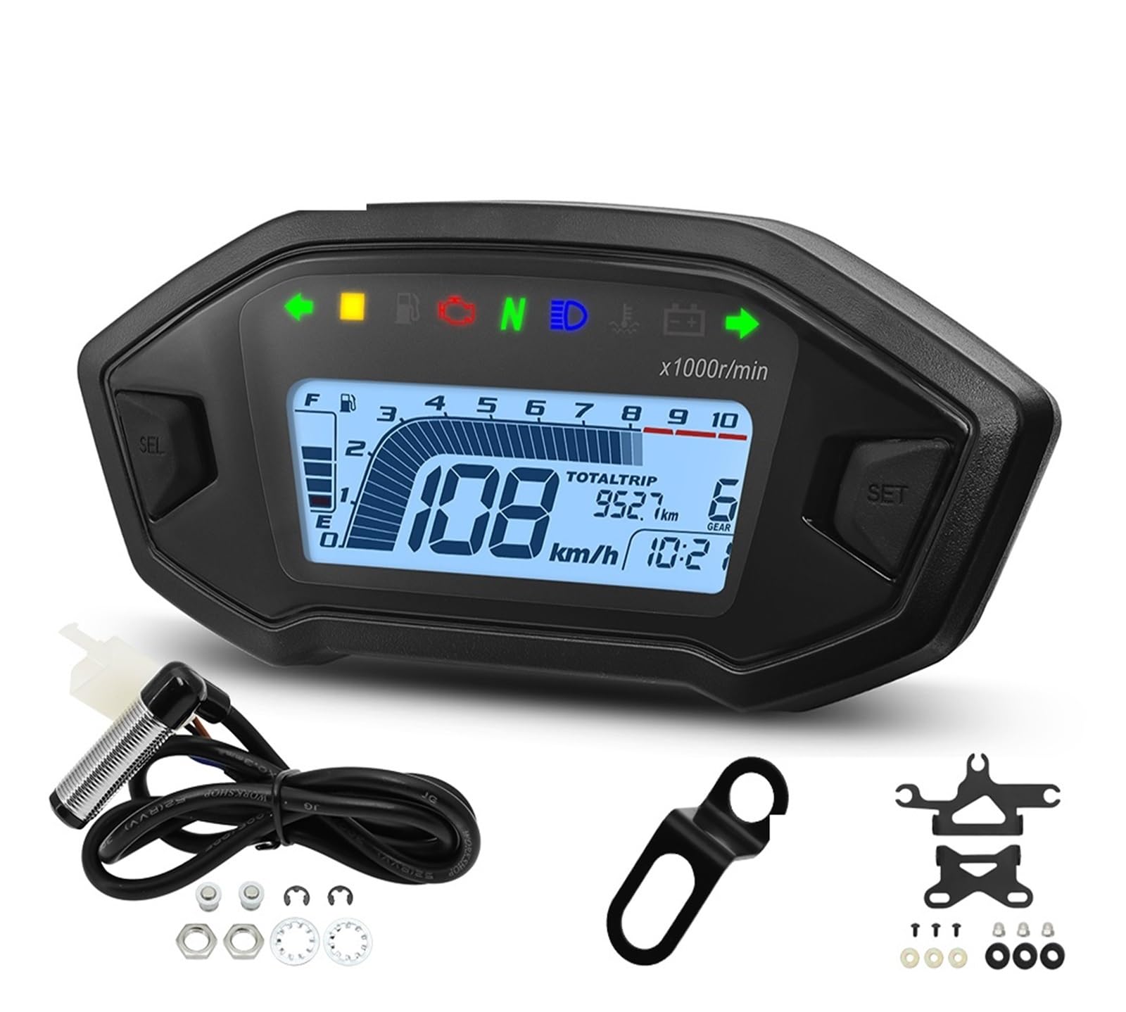 Motorrad Tachometer Universal Für 1,2,4 Zylinder 10000RPM Motorrad Display -Computer-geschwindigkeitsmesser-grüne Tachometer Mit Digital Sensor Dashboard Gauge von WMGYESNXL
