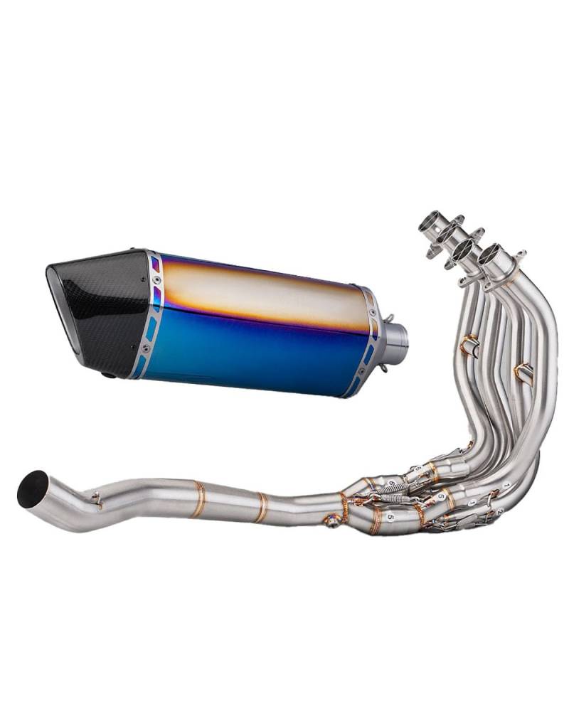 Motorrad Auspuff Für ZX-25R 2020-2023 Edelstahl-Vorderteil HF Seventh Force 470MM Kurzes Carbonfaser-Heckteil Motorrad Auspuffrohr(Front Section+Blue) von WNCXSA