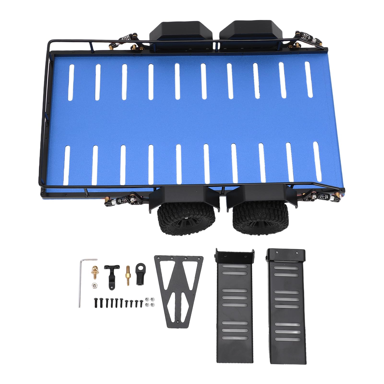 WOHPNLE RC-Anhänger, Aluminium-Pritschenanhänger im Maßstab 1:18, ferngesteuertes RC-Auto-Abschleppwagen-Zubehör mit Haken, Metall-Simulationskit für Offroad-Modelle (Blue) von WOHPNLE