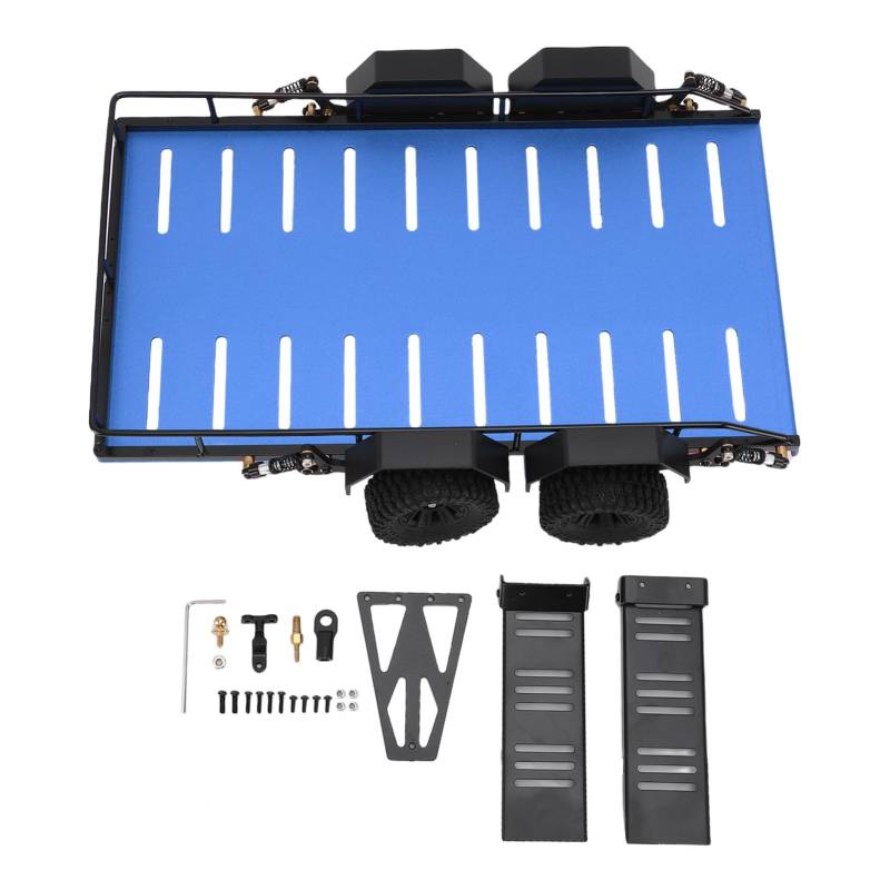 WOHPNLE RC-Anhänger, Aluminium-Pritschenanhänger im Maßstab 1:18, ferngesteuertes RC-Auto-Abschleppwagen-Zubehör mit Haken, Metall-Simulationskit für Offroad-Modelle (Blue) von WOHPNLE