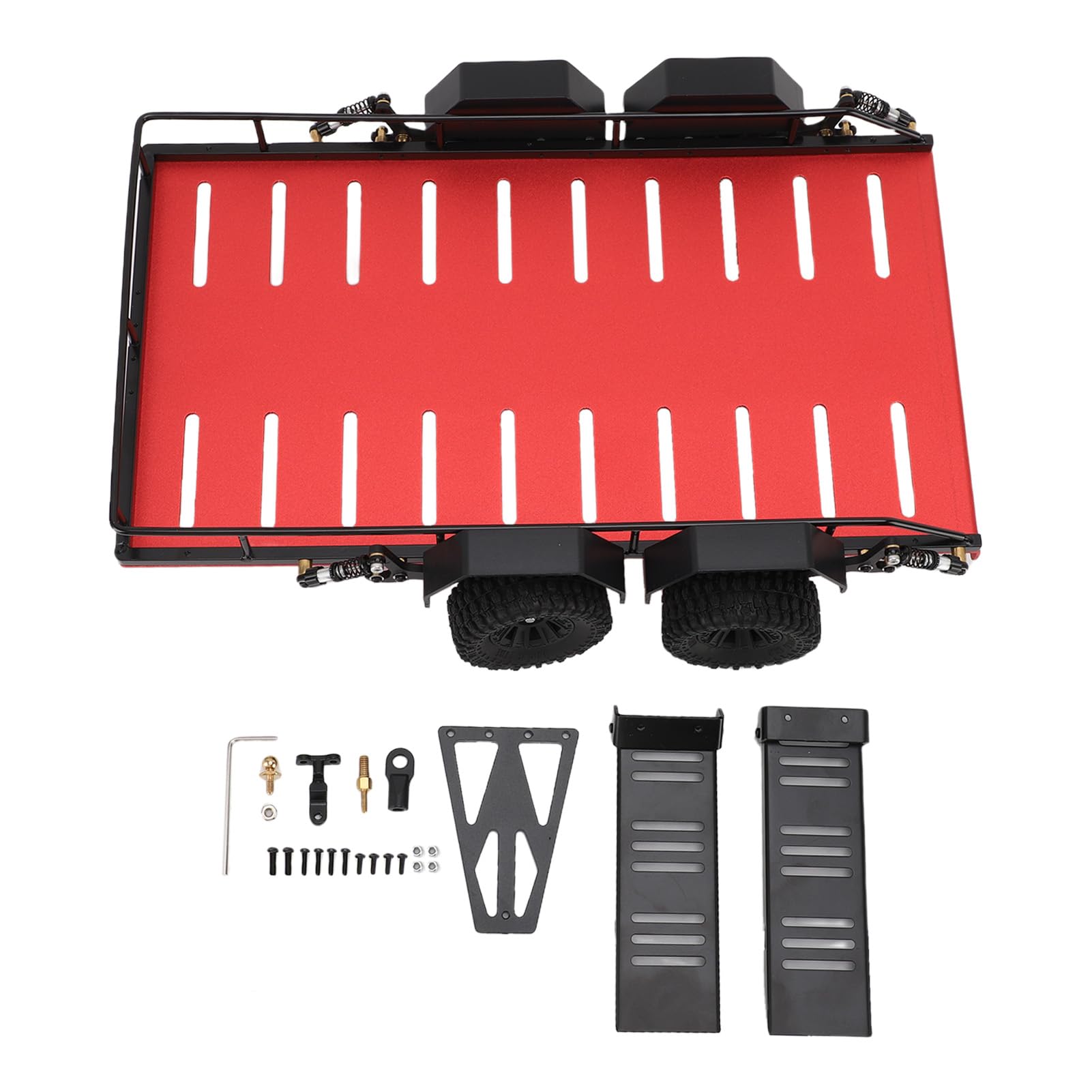 WOHPNLE RC-Anhänger, Aluminium-Pritschenanhänger im Maßstab 1:18, ferngesteuertes RC-Auto-Abschleppwagen-Zubehör mit Haken, Metall-Simulationskit für Offroad-Modelle (Red) von WOHPNLE