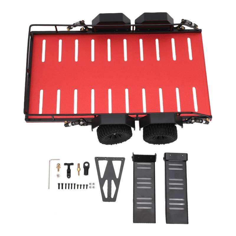WOHPNLE RC-Anhänger, Aluminium-Pritschenanhänger im Maßstab 1:18, ferngesteuertes RC-Auto-Abschleppwagen-Zubehör mit Haken, Metall-Simulationskit für Offroad-Modelle (Red) von WOHPNLE