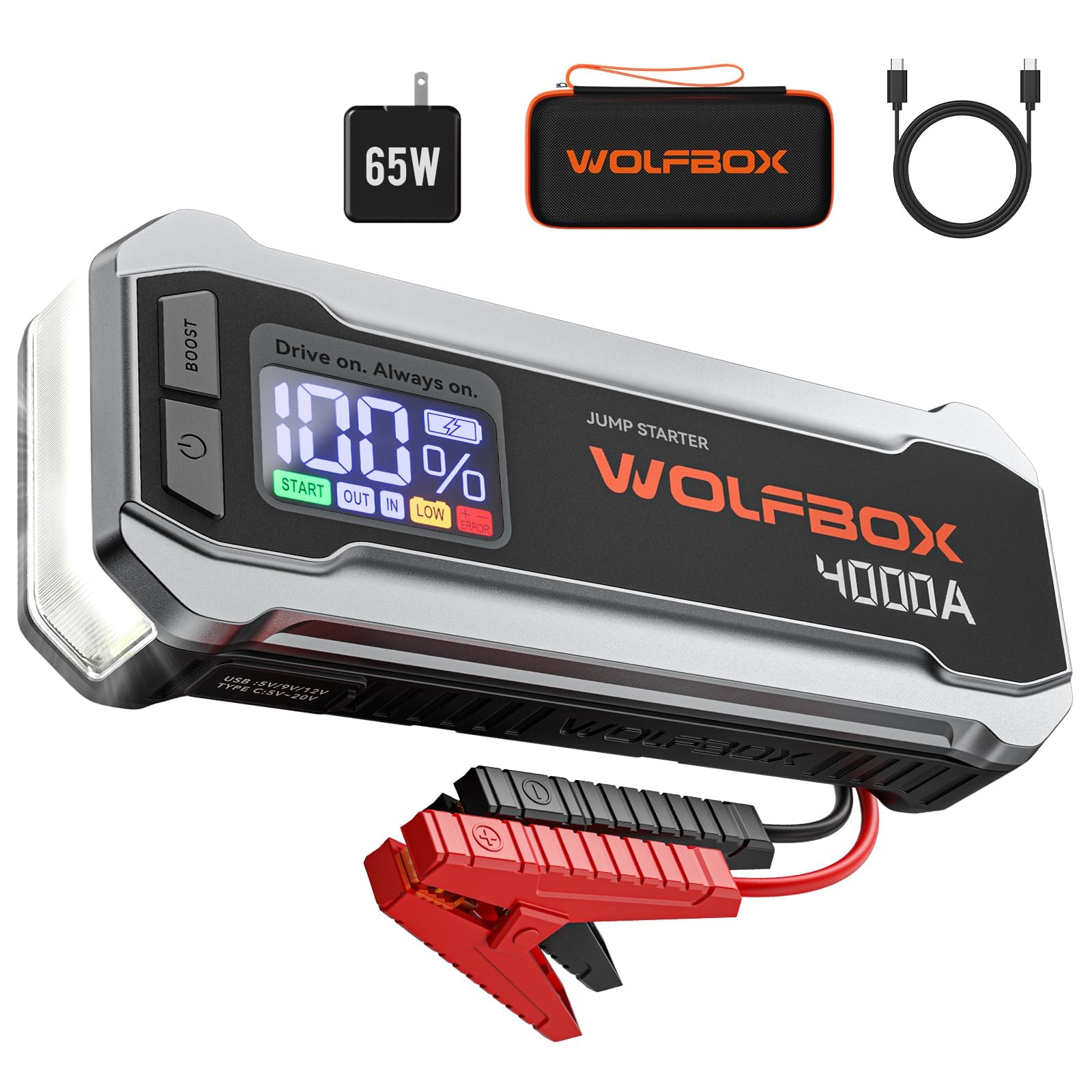 WOLFBOX 4000A Starthilfe Powerbank, 12V Auto Starthilfe Powerbank (10L Benzin und 10L Diesel) mit 65W Ladegerät, LED-Taschenlampe, 24000mAh Tragbare Booster Auto Starthilfe, mit Starthilfekabel von WOLFBOX