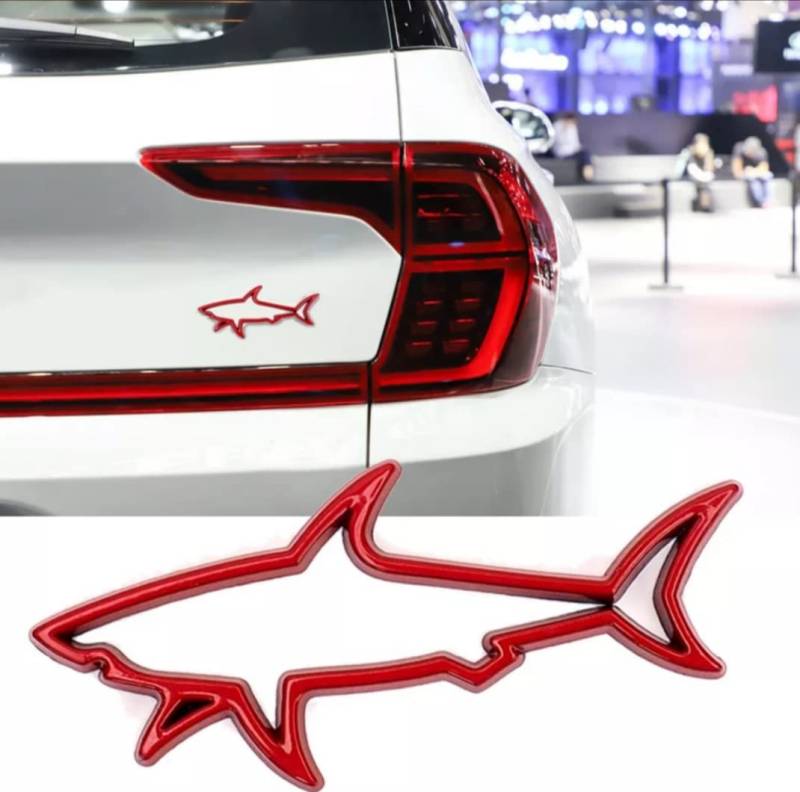 3D Autoaufkleber Haifisch aus Metall - wetterfester Sticker in Chrome Optik - Emblem für Auto und Motorrad (rot) von WOO LANDO