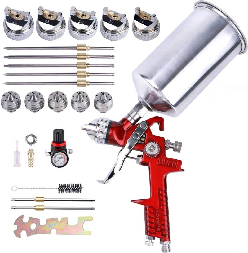 WOOLUCK® HVLP Farbspritzpistole mit 5 Düsen, 1.4mm 1.7mm 2.0mm 2.5mm und 3.0mm, 1000cc Aluminium Behälter, für Autolackierung, Lackierung von Autos von WOOLUCK