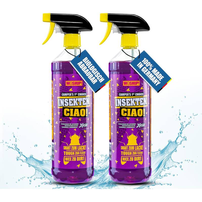 WOSHUP! Insektenlöser Xtra Skin Schutzfilm 1000 ml Insekten-Entferner, Insektenspray für Wohnwagen, Wohnmobil, Caravan, Auto, Motorrad für Lack, Windschutzscheibe, GFK, Kunststoff (2X 1 Liter) von WOSHUP!