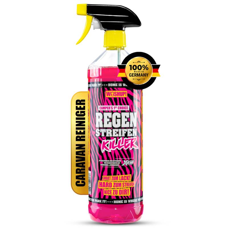 WOSHUP! High Power Wohnwagen Reiniger Regenstreifen Killer Xtra Skin Schutzfilm 1000 ml Regenstreifenentferner für Wohnwagen, Wohnmobil, Boot, Anti Regenstreifen (1 Liter) von WOSHUP!