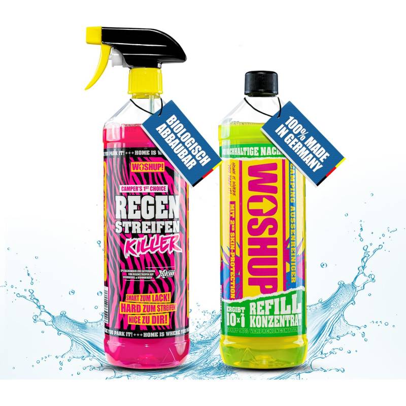 WOSHUP! High Power Wohnwagen Reiniger Regenstreifen Killer Xtra Skin Schutzfilm 1000 ml Regenstreifenentferner für Wohnwagen, Wohnmobil, Boot, Anti Regenstreifen (1 Liter + Cleaner) von WOSHUP!