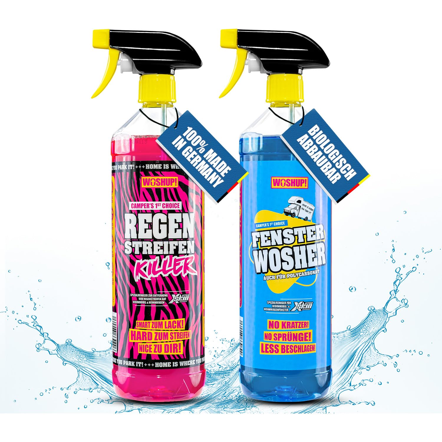 WOSHUP! High Power Wohnwagen Reiniger Regenstreifen Killer Xtra Skin Schutzfilm 1000 ml Regenstreifenentferner für Wohnwagen, Wohnmobil, Boot, Anti Regenstreifen (1 Liter + Fensterwosher) von WOSHUP!