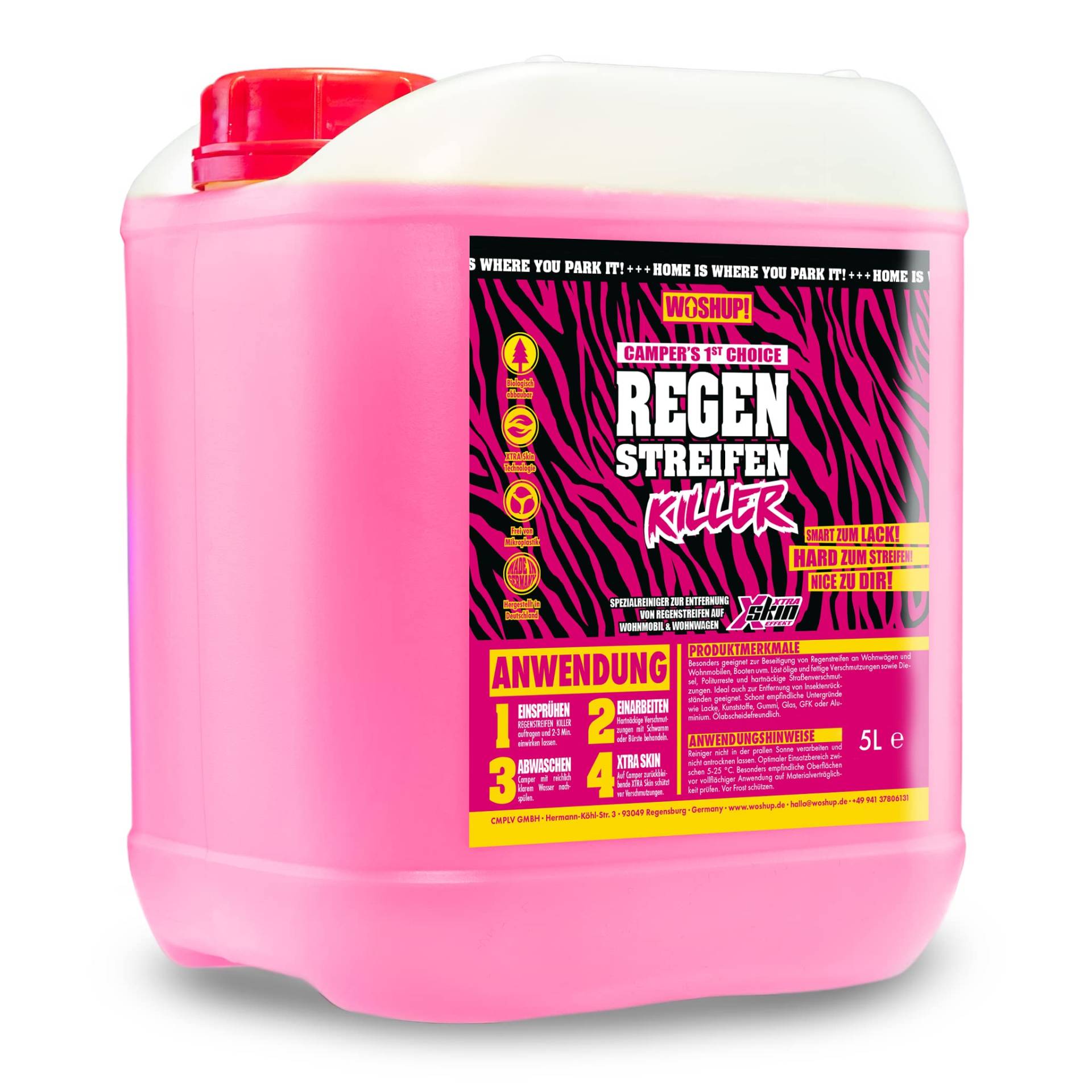 WOSHUP! High Power Wohnwagen Reiniger Regenstreifen Killer Xtra Skin Schutzfilm 1000 ml Regenstreifenentferner für Wohnwagen, Wohnmobil, Boot, Anti Regenstreifen (5 Liter) von WOSHUP!