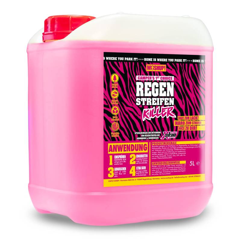 WOSHUP! High Power Wohnwagen Reiniger Regenstreifen Killer Xtra Skin Schutzfilm 1000 ml Regenstreifenentferner für Wohnwagen, Wohnmobil, Boot, Anti Regenstreifen (5 Liter) von WOSHUP!