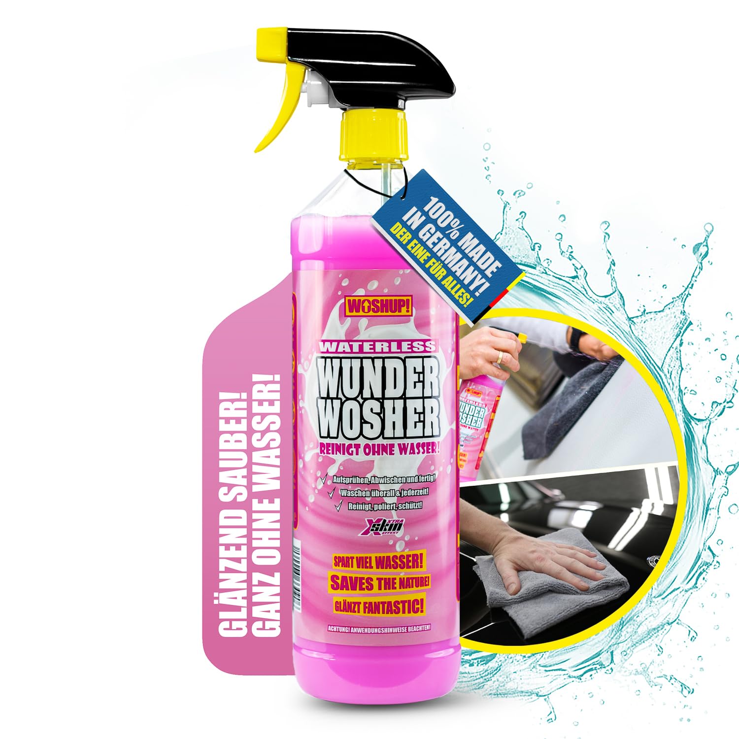 WOSHUP! Waterless Wunder Wosher - Xtra Skin Effekt - 1000 ml – Trockenreiniger, Trockenwäsche, Reinigen ohne Wasser – für Wohnwagen, Wohnmobil, Auto, Motorrad und Boot (1 Liter) von WOSHUP!