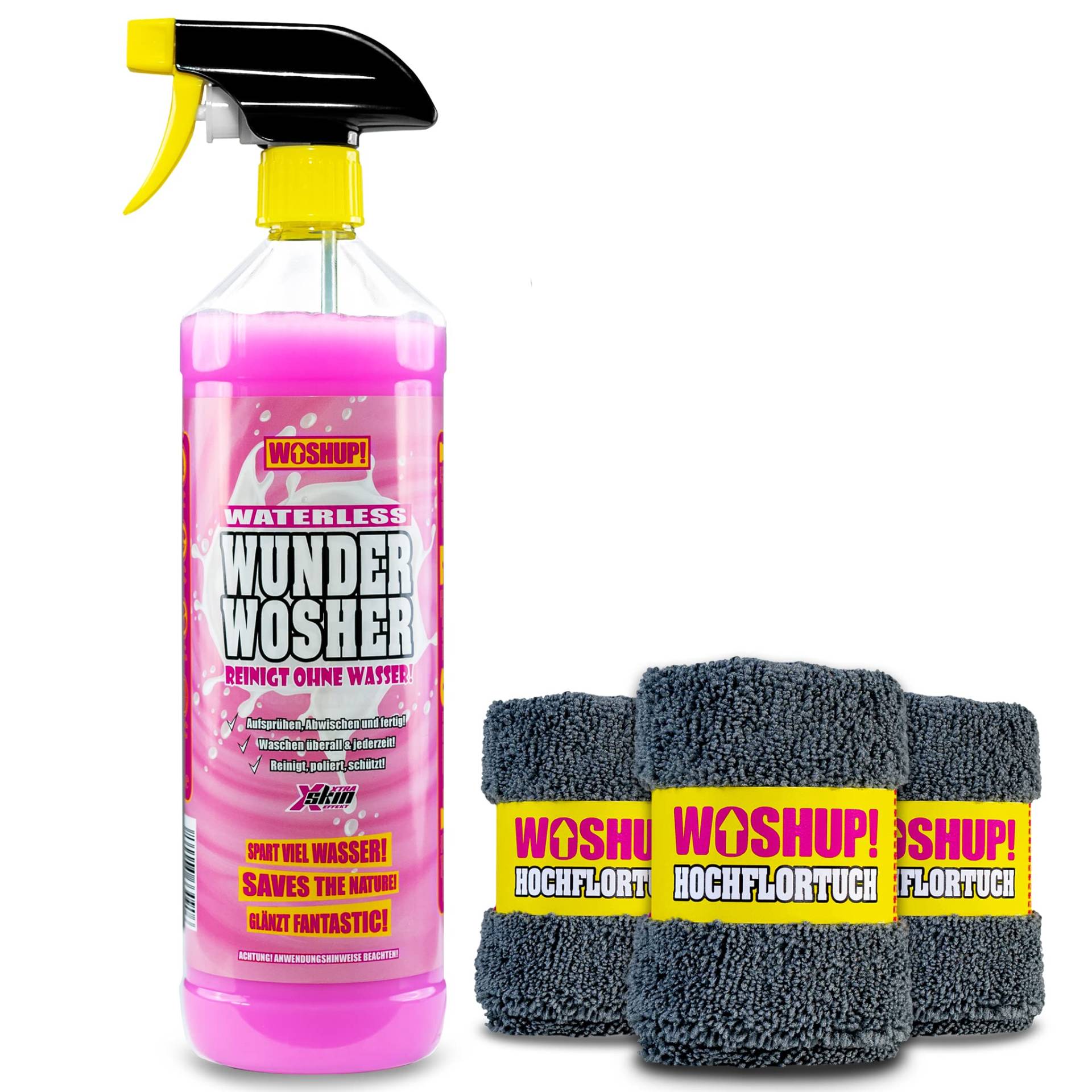 WOSHUP! Waterless Wunder Wosher - Xtra Skin Effekt - 1000 ml – Trockenreiniger, Trockenwäsche, Reinigen ohne Wasser – für Wohnwagen, Wohnmobil, Auto, Motorrad und Boot (1 Liter + 3er Tuch) von WOSHUP!