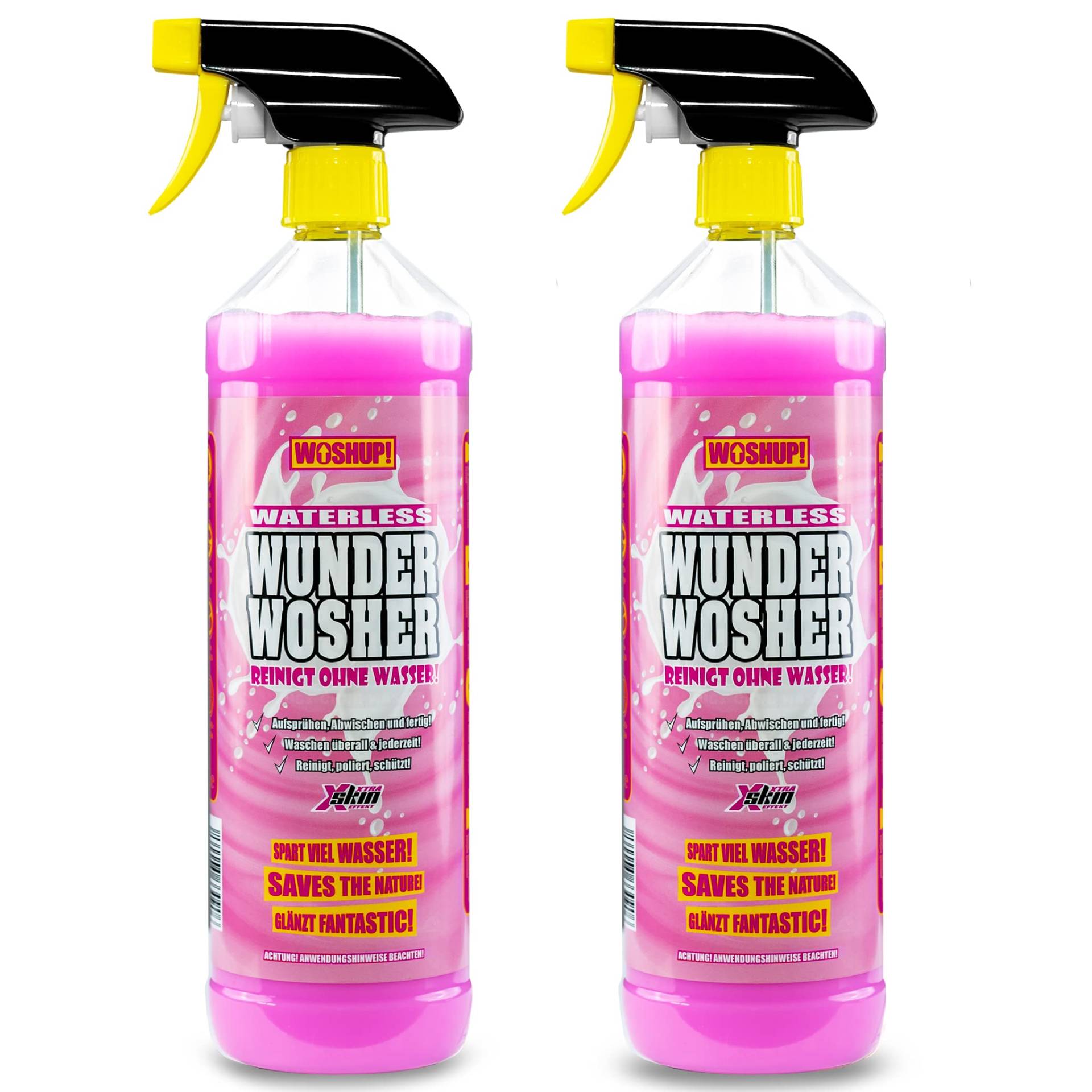 WOSHUP! Waterless Wunder Wosher - Xtra Skin Effekt - 1000 ml – Trockenreiniger, Trockenwäsche, Reinigen ohne Wasser – für Wohnwagen, Wohnmobil, Auto, Motorrad und Boot (2x1 Liter) von WOSHUP!