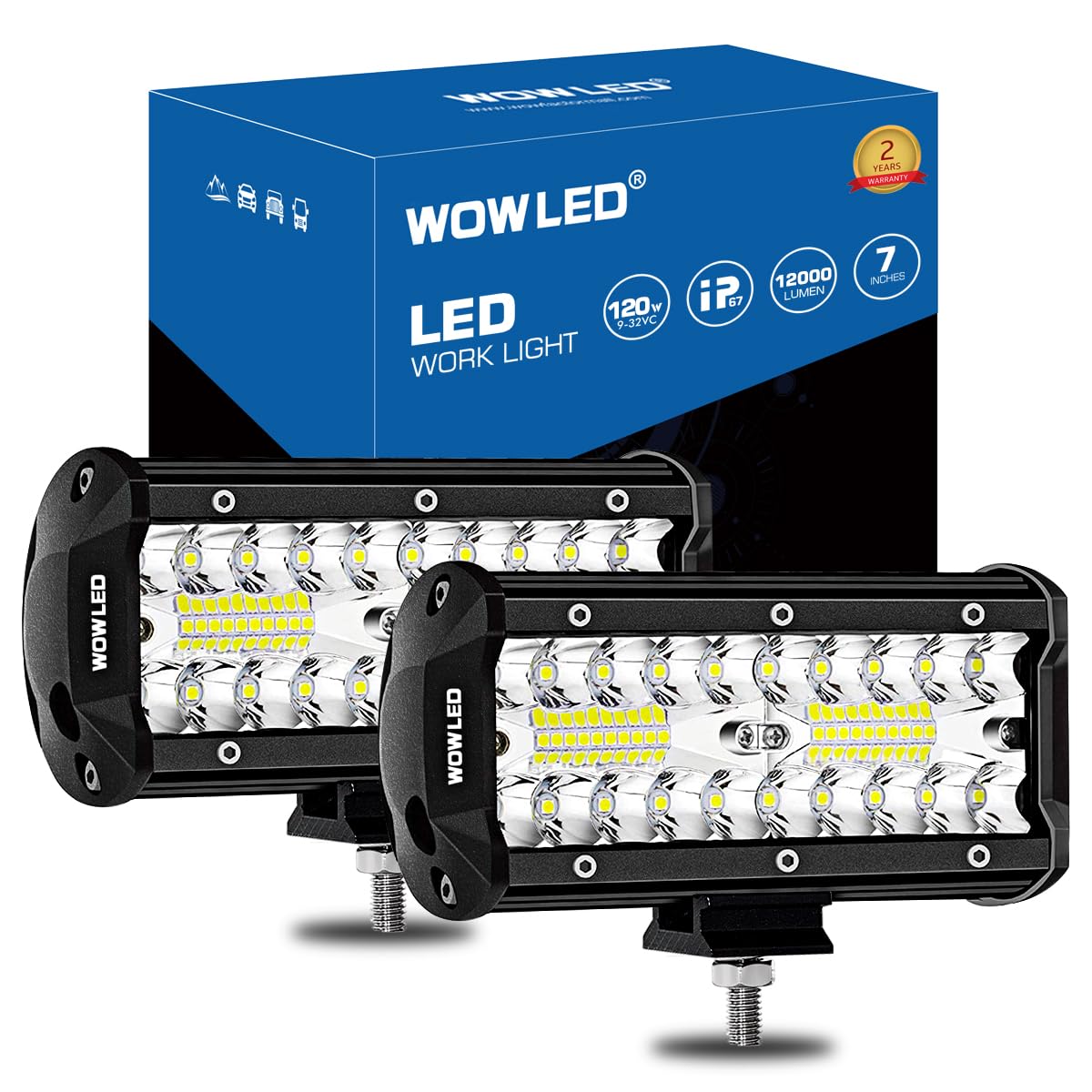 WOWLED 2 Pack 7" LED Lichtbalken, 12V 12000LM Offroad Fahrlicht Arbeitsbalken Lampe IP67 Wasserdicht Combo Beam LED Lichter für Auto Boot Camp Licht LKW 4x4 von WOWLED