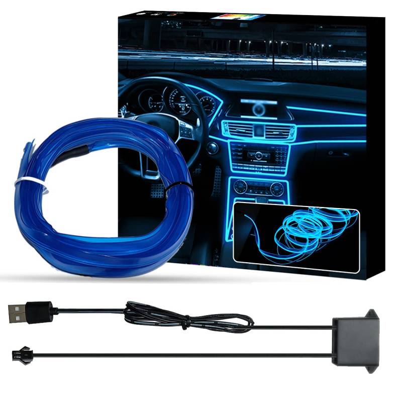 WOWLED Blue El Wire Auto Innenbeleuchtung, USB Neon Draht Licht Kit für Auto Ambient Beleuchtung Atmosphäre Auto Led Innenraum Streifen Licht Nähen Rand Dekoration (3 m/5 V) von WOWLED