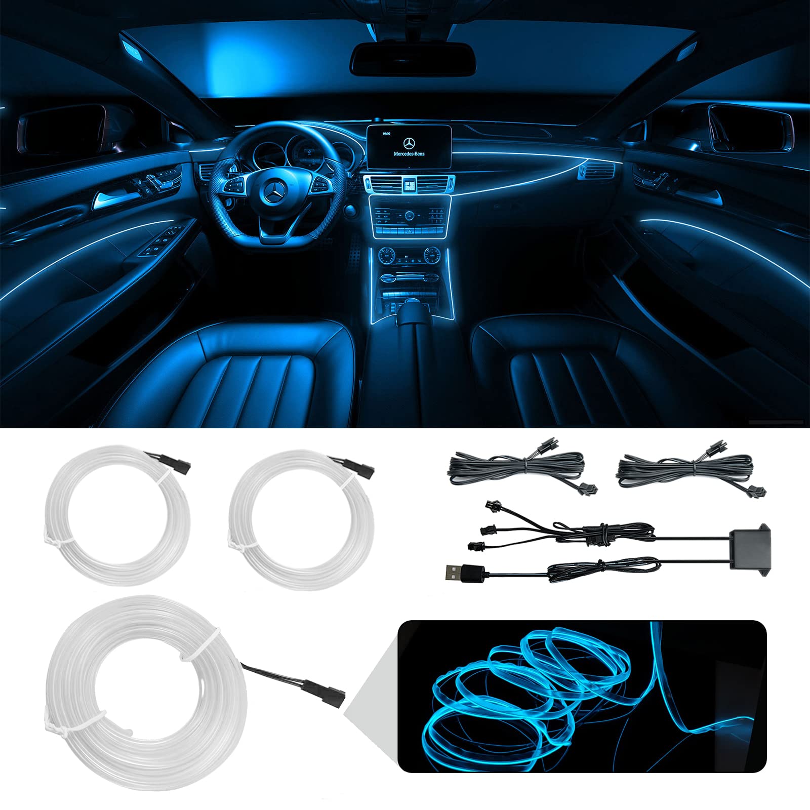 WOWLED Eisblaues El Wire Auto-Innenlichter, 3-in-1 USB-Neondraht-Licht-Set für Auto-Ambiente-Beleuchtung, Atmosphäre, Auto-LED-Innenleiste, Nähkanten-Dekoration (5 m / 5 V) von WOWLED