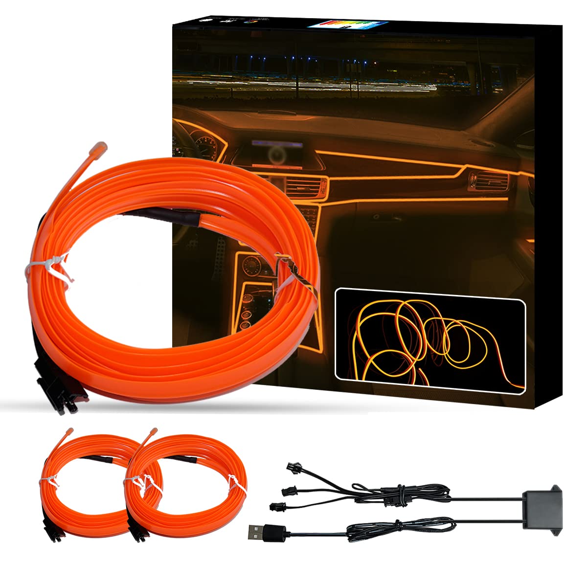 WOWLED Orange El Wire Auto-Innenbeleuchtung, 3 in 1 USB Neon Draht Licht Kit für Auto Ambient Beleuchtung Atmosphäre Auto Led Innenraum Streifen Licht Nähen Rand Dekoration (5 m/5 V) von WOWLED