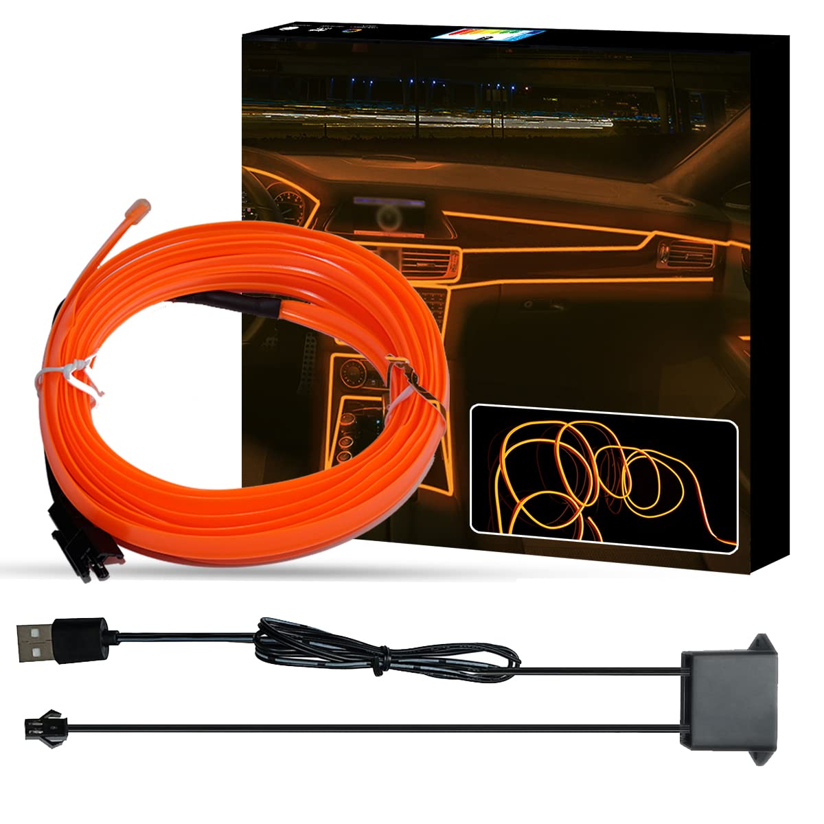 WOWLED Orange El Wire Auto Innenbeleuchtung, USB Neon Draht Licht Kit für Auto Ambient Beleuchtung Atmosphäre Auto Led Innenraum Streifen Licht Nähen Rand Dekoration (3m / 5V) von WOWLED