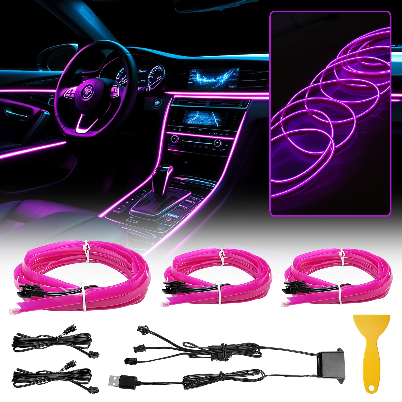 WOWLED Purple El Wire Car interior Lights, 3 in 1 USB Neon Wire Light Kit for Car Ambient Lighting Atmosphere Car Led Interior Strip Light Sewing Edge Decoration(5m / 5V) von WOWLED