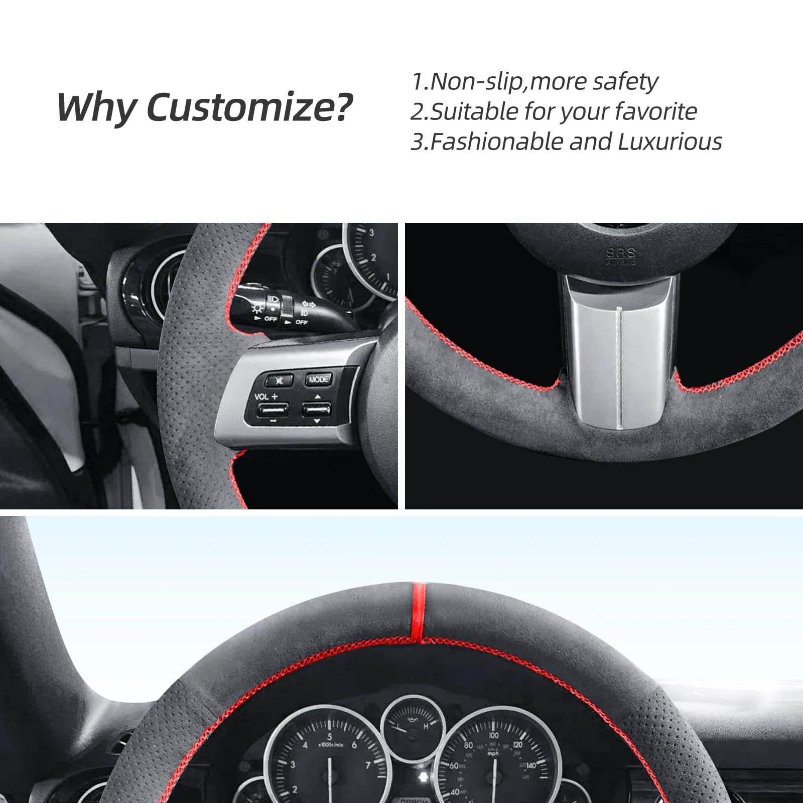 WQKRBMGU Handstich Alcantara Lenkradbezug Schwarz Mikrofaser 38cm Durchmesser Kompatibel mit Mazda MX-5 Miata RX-8 CX-7 2007-2013 PKW WQKRBMGU Handstich Alcantara Lenkradbezug Schwarz Mikrofaser 38cm Durchmesser Kompatibel mit Mazda MX-5 Miata RX-8 CX-7 2007-2013 PKW von WQKRBMGU