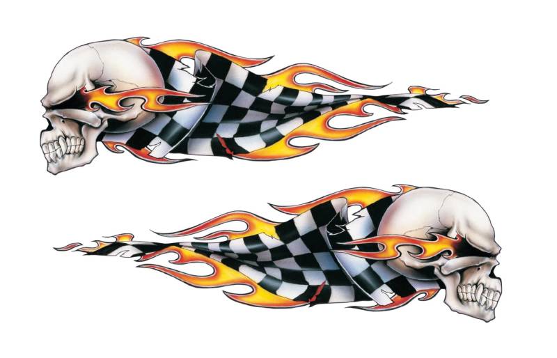 Totenkopf Flammen Flagge Aufkleber Set 2 Sticker je 8,5x2,5 cm Skull Flame Autoaufkleber Motorrad Helm Fahrrad Vespa UV-beständig, kratzfest, transparent Lethal Threat USA von WTMT