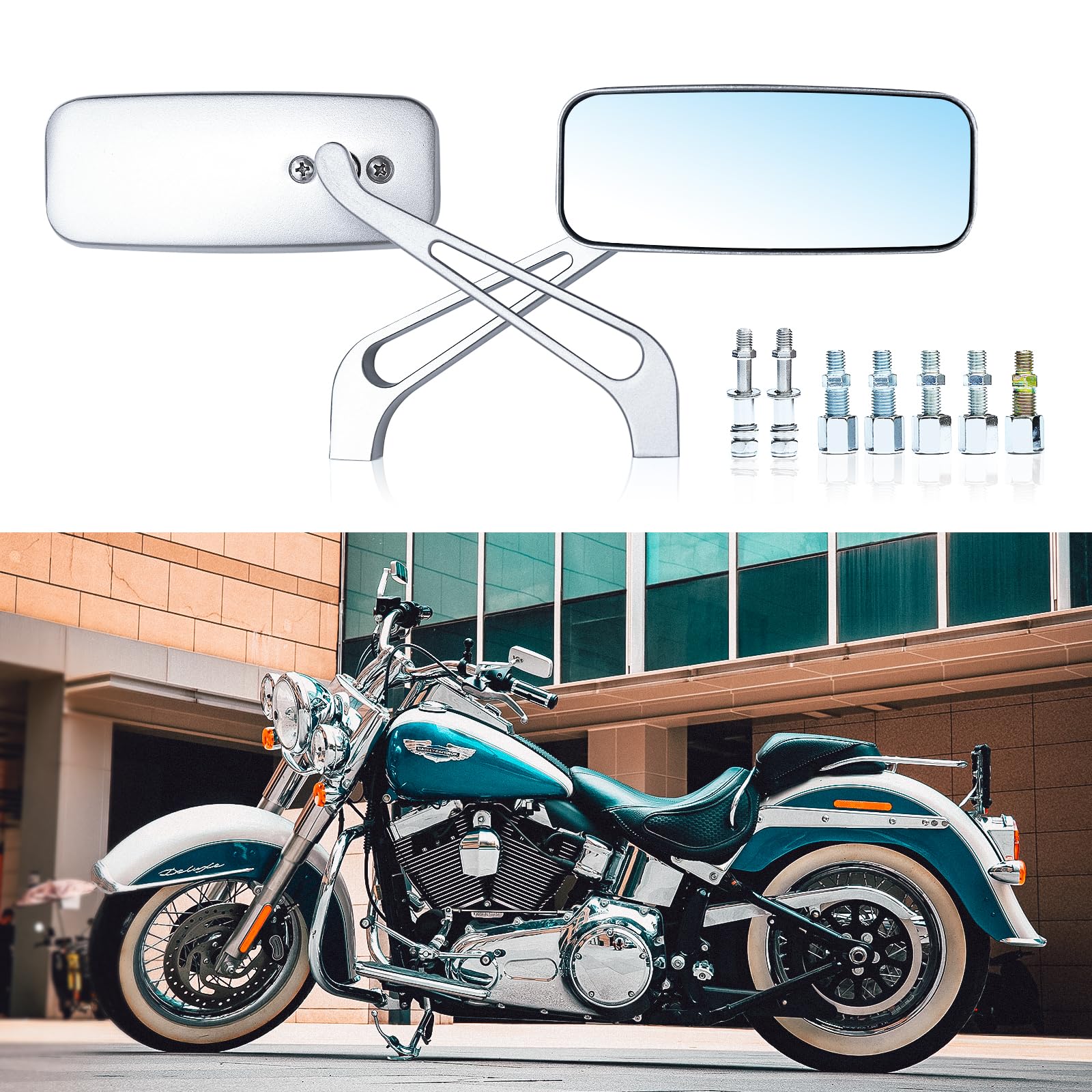 WTZMOTO Specchietti Rettangolari per Moto da 8mm/10mm, Rettangolari, Dotato di 2 Bulloni Argentati,Compatible with Harley Davidson Softail, Sportster,Touring, Cruiser (Chrom Silber # 2) von WTZMOTO