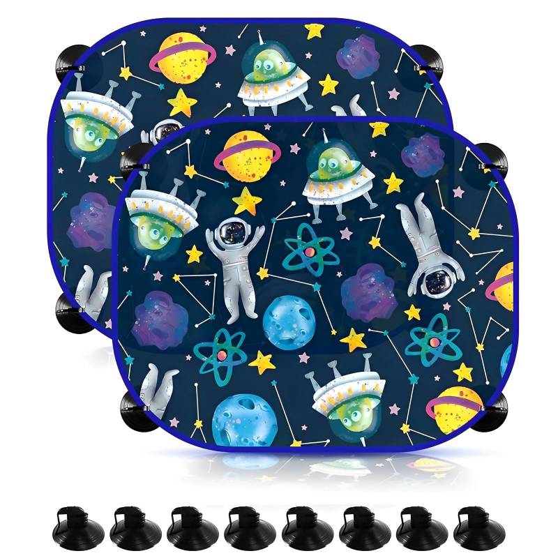 WTZWYFWJ Auto Sonnenschutz Baby mit UV Schutz, 2 Pack Sonnenblende Kinder mit 8 Saugnapf, Sonnenschutz Auto Baby, Universal Auto Sonnenblende Seitenfenster, für Kinder mit süßen Motiven(Raumfahrt) von WTZWYFWJ