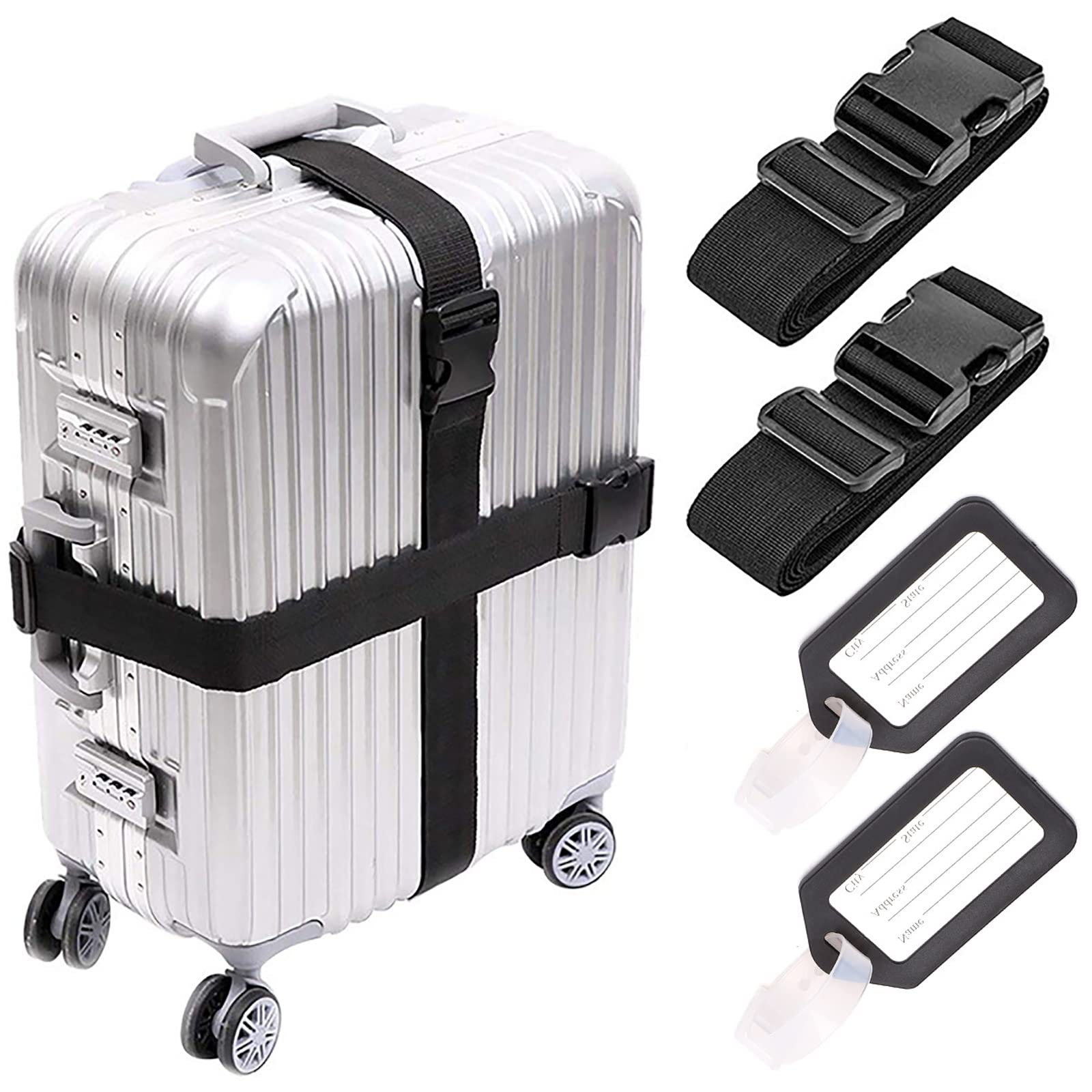 WUDQIJI Koffergurt Kofferband 2 Stück 5cm ×2m Gepäckgurt Luggage Strap Gepäckband mit 2 Stück Kofferanhänger für Schnell erkennen Einstellbare Kofferband für Koffer & Gepäck(Schwarz) von WUDQIJI