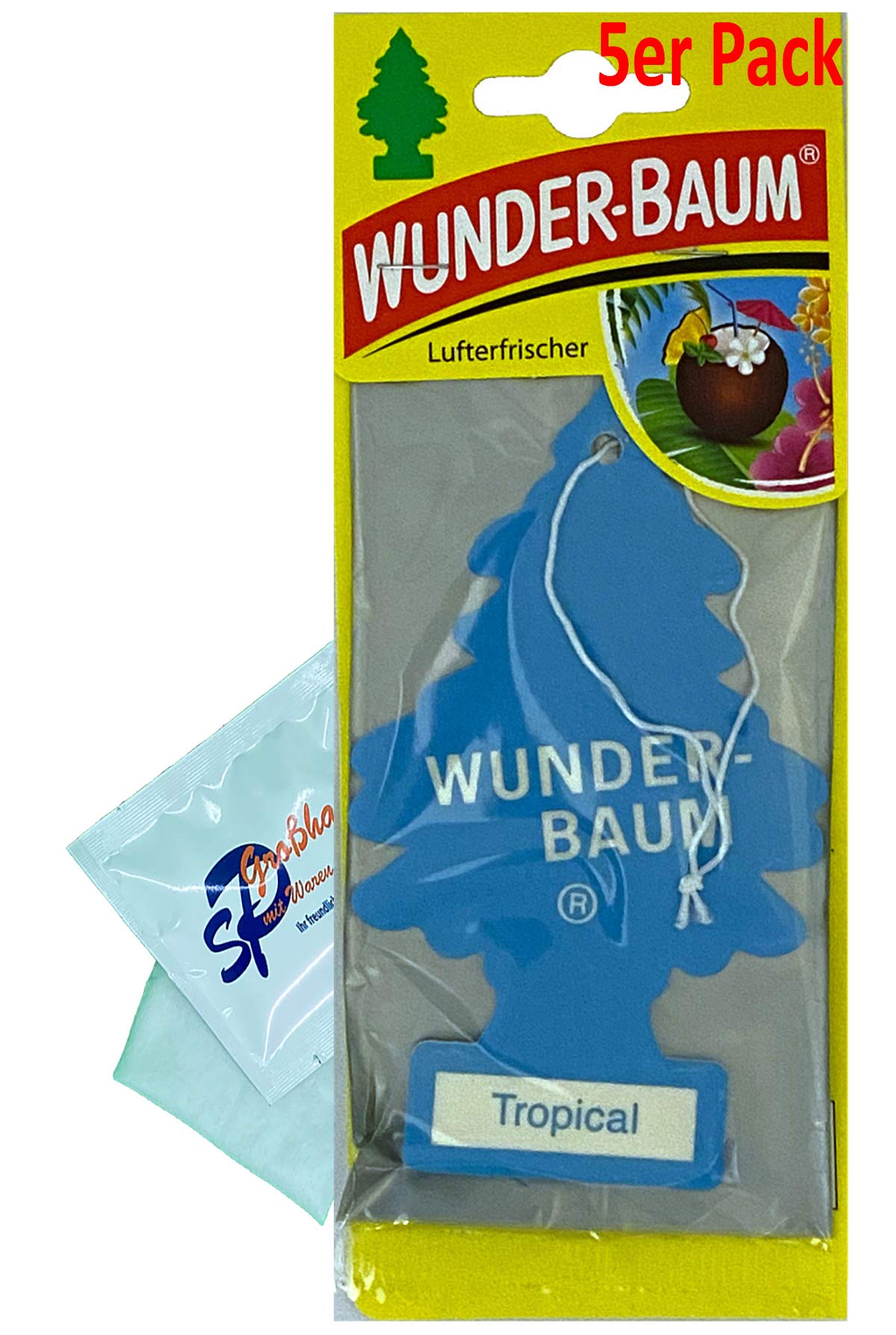 WUNDER-BAUM 5 Stück Tropical Lufterfrischer Duftbaum Wunderbaum Original inkl. 1 x Glasreinigungstuch von SP Großhandel Gratiszugabe von WUNDER-BAUM