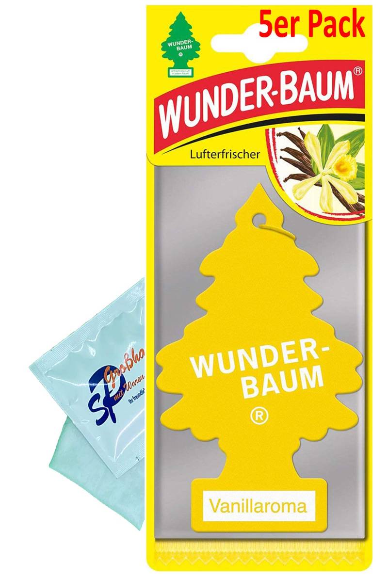WUNDER-BAUM 5 Stück Vanille Lufterfrischer Duftbaum Wunderbaum Original inkl. 1 x Reinigungstuch von SP Großhandel Gratiszugabe von WUNDER-BAUM