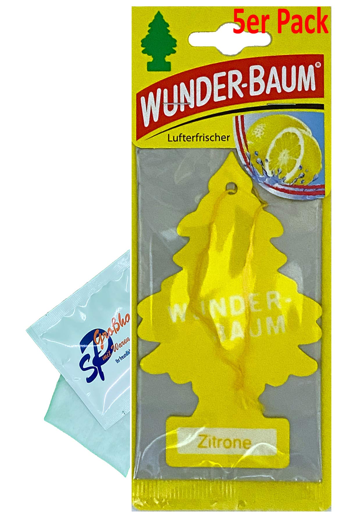 Wunder-Baum 5 Stück Zitrone Lufterfrischer Duftbaum Wunderbaum Original inkl. 1 x Glasreinigungstuch von SP Großhandel Gratiszugabe von Wunder-Baum