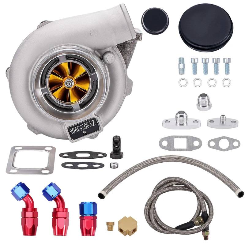 WUYDKEL Auto Turbolader Kompatibel Mit GT3076 GT3037 GT30 Turbolader Abgasturbolader Billet Turbo 4-Bolzen-Flansch 500 PS + Ölein- Und Rücklaufleitungssatz von WUYDKEL