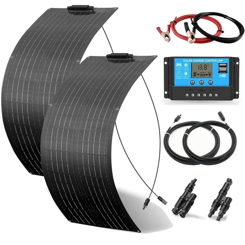 2 x 50W Flexibles Solarpanel Kit Set 12V Monokristallines 100Watt Solarmodul mit 10A 12V/24V Solarladeregler Solarkabel Solaranlage Komplettset 12v für Wohnmobil Häuser Balkon Camping von WUZECK