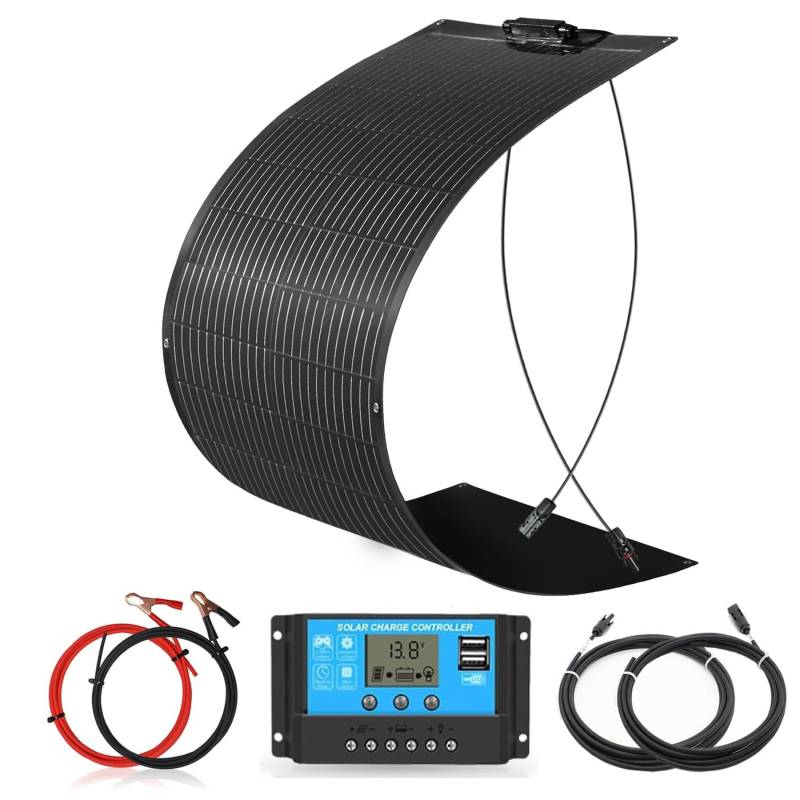 WUZECK Solarpanel-Kit Flexibel 100W 12V Monokristallines Flexibles Solarmodul+10A 12V/24V Solarladeregler + Solarkabel Off-Grid-System Solaranlage Häuser Garten Balkon Flachdach Ziegeldach von WUZECK
