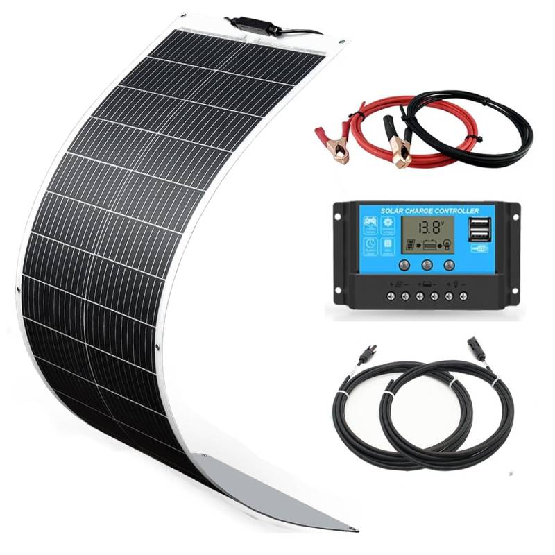 WUZECK Solarpanel-Kit Flexibel 100W 12V Monokristallines Solarmodul+10A 12V/24V Solarladeregler + Solarkabel Off-Grid-System Solaranlage Komplettset 12v für Camper Flachdach Ziegeldach Balkon Haus von WUZECK