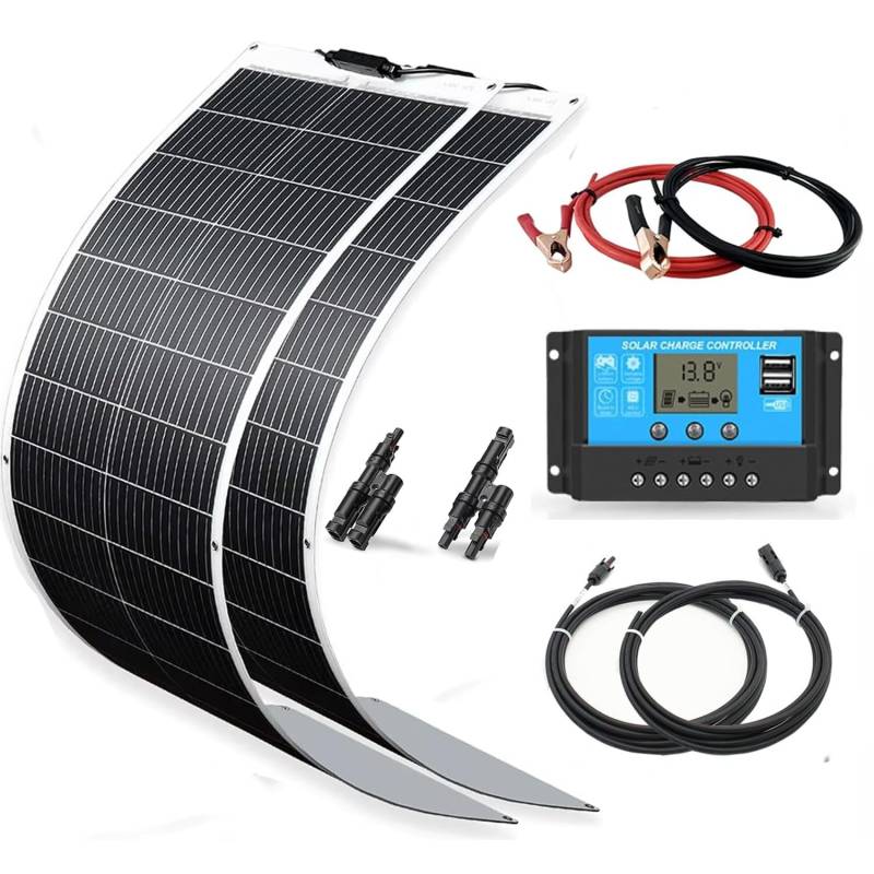 WUZECK Solarpanel-Kit Flexibel 200W Monokristallines 2X100W Flexibles Solarmodul+20A 12V/24V Solarladeregler+Solarkabel Off-Grid-System für 12V Batterien Solaranlage Komplettset Haus Flachdach Balkon von WUZECK
