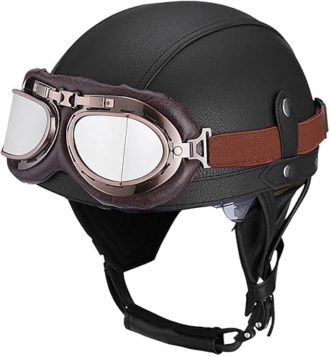 Deutschen Retro Motorrad PU Leder Helm Open Face Motorradhelm mit Schutzbrille ECE-Zulassung Motorradkreuzer-Rollerhelm im Scooter Mofa-Helm Vintage Jethelm für Herren Damen Black,M von WXHJM