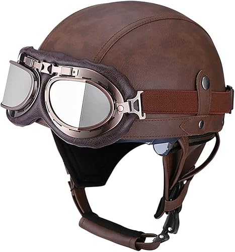 Deutschen Retro Motorrad PU Leder Helm Open Face Motorradhelm mit Schutzbrille ECE-Zulassung Motorradkreuzer-Rollerhelm im Scooter Mofa-Helm Vintage Jethelm für Herren Damen Dark Brown,L von WXHJM