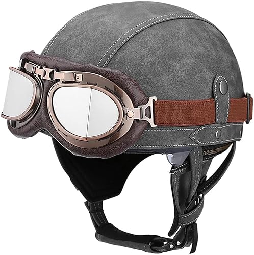 Deutschen Retro Motorrad PU Leder Helm Open Face Motorradhelm mit Schutzbrille ECE-Zulassung Motorradkreuzer-Rollerhelm im Scooter Mofa-Helm Vintage Jethelm für Herren Damen Grey,S von WXHJM