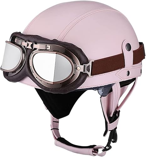 Deutschen Retro Motorrad PU Leder Helm Open Face Motorradhelm mit Schutzbrille ECE-Zulassung Motorradkreuzer-Rollerhelm im Scooter Mofa-Helm Vintage Jethelm für Herren Damen Pink,S von WXHJM
