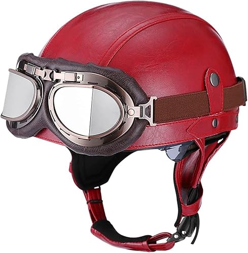 Deutschen Retro Motorrad PU Leder Helm Open Face Motorradhelm mit Schutzbrille ECE-Zulassung Motorradkreuzer-Rollerhelm im Scooter Mofa-Helm Vintage Jethelm für Herren Damen Red,S Deutschen Retro Motorrad PU Leder Helm Open Face Motorradhelm mit Schutzbrille ECE-Zulassung Motorradkreuzer-Rollerhelm im Scooter Mofa-Helm Vintage Jethelm für Herren Damen Red,S von WXHJM