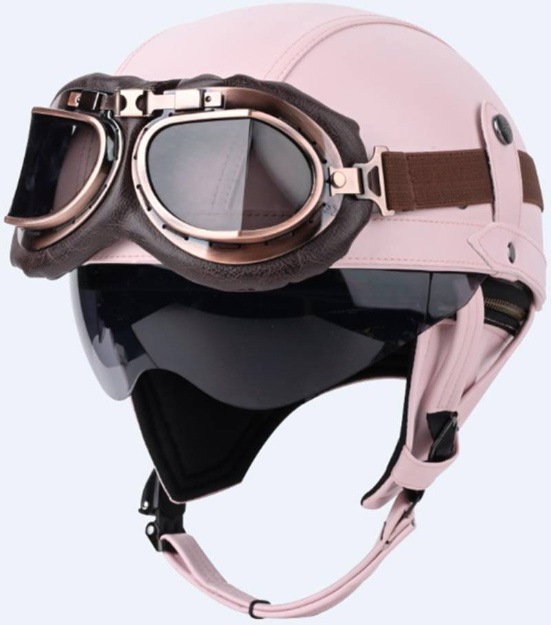 Deutschen Stil Leder Halbschalenhelm Retro Motorrad Halbhelm mit Brille ECE Genehmigt Erwachsene Halbschale Jet-Helm Scooter-Helm für Cruiser Scooter Pink,S von WXHJM